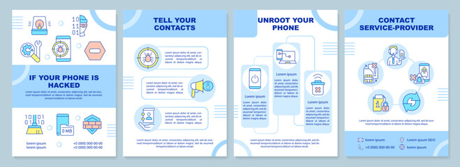 Remove smartphone hacker blue brochure template. Cybersecurity. Leaflet design with linear icons. Editable 4 vector layouts for presentation, annual reports. Arial-Black, Myriad Pro-Regular fonts used