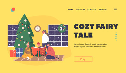 Wall Mural - Cozy Fairy Tale Landing Page Template. Happy Kids, Friends, Sisters or Brothers Read Stories at Christmas Eve