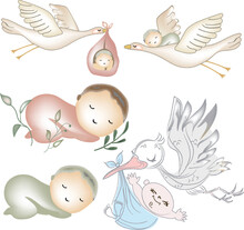 Baby Watercolor Illustration Stork Newborn Girl Boy