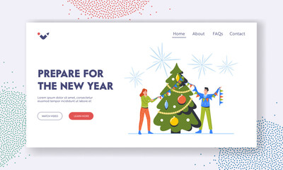 Wall Mural - Prepare for New Year Party Landing Page Template. Christmas and Holiday Preparation. Happy People Decorate Tree