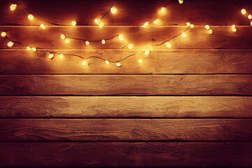 Wall Mural - christmas string lights on old vintage wooden background