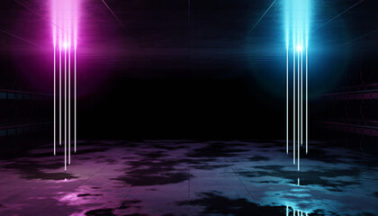 Aufkleber - Futuristic blue and pink neon lights interior. Cyber neon laser tubes in garage room hangar. Sci fi dark tunnel warehouse with metal panels wall lighted. Construction corridor 3d Rendering