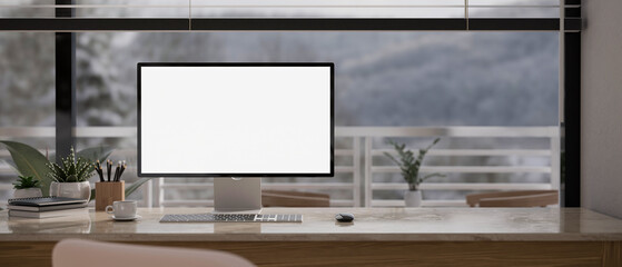 Wall Mural - modern urban home office workspace with computer mockup, stationery and decor on table