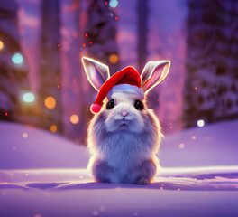 Cute bunny wearing red Santa hat in front of winter background with Christmas mood. Tranquil snowy season. Can be used for banners, cards, and wallpaper celebrating New Year, Christmas, holidays.