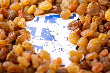 Sticker - Flag and map of Greece in raisins. Making raisins out of grape in Greece concept