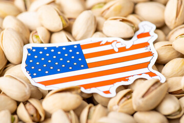 Sticker - Flag and map of USA on pistachios. Origin of pistachios, growing nuts in United States concept