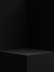 Poster - Black corner room wall interior design on empty floor space modern background of abstract light blank luxury studio backdrop or inside minimal shelf elegant flooring and stage podium product display.