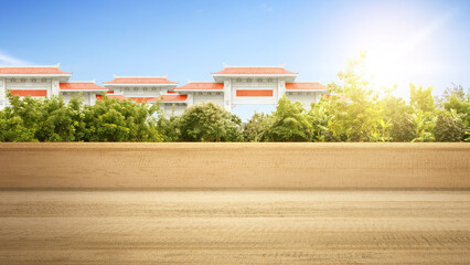 Wall Mural - Chinese pavilion gate with red roof with garden view