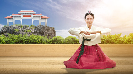 Poster - Asian woman wearing a traditional Korean national costume, Hanbok, sitting