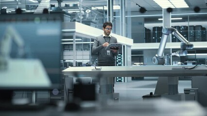 Aufkleber - Robotics Engineer Researching and Developing a Technological Robot Arm Project, Standing with Tablet Computer in Scientific Technology Lab. Young Male Working on an AI Robotic Arm.