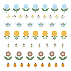 Wall Mural - set of simple borders of flowers and insects. decorative folk repeating borders. flat vector illustr