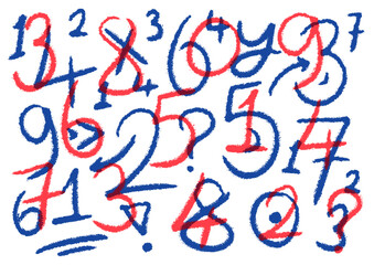 Wall Mural - hand drawn red numbers on white background. scribble dark blue numbers. background with numbers