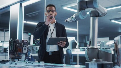 Leinwandbilder - Portrait of a Young Multiethnic Male Engineer Using Tablet Computer. Interacting with a Robotic Arm Machine, Receiving a Microchip from the Hand. High Tech Industrial Laboratory Facility.