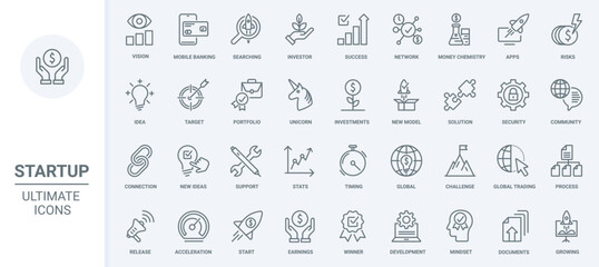 Poster - Startup technology thin line icons set vector illustration. Outline success ideas and finance project development, vision and solution for trading, statistics graph growth, banking security support