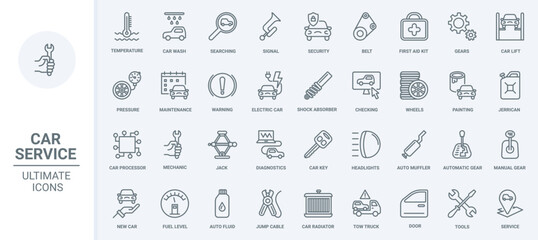 Car service thin line icons set vector illustration. Outline scheduled diagnostics of vehicle and auto repair tools, pictogram of automotive parts, automatic and manual transmission, wheel and tires