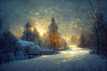 Illustration Of A Winter Landscape Covered In Snow With Glowing Light