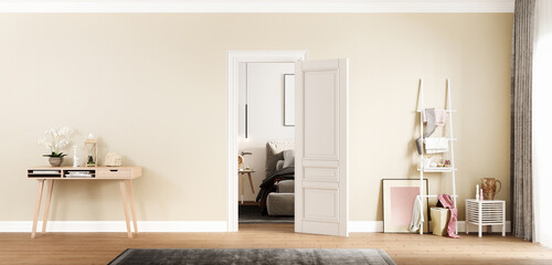 Wall Mural - Modern interior of living room with door, Console Table, Photo Frame    3d rendering