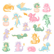 Cute Little Baby Dragons With Wings And Tail As Fairytale Character Big Vector Set