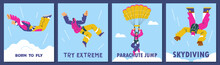 Skydiving And Parachute Jump Posters, Flat Vector Illustration.