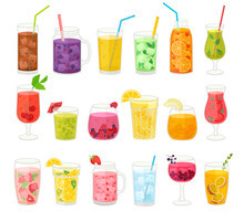 Summer Fruit Drinks And Lemonade As Refreshing Beverage In Glass With Straw Big Vector Set