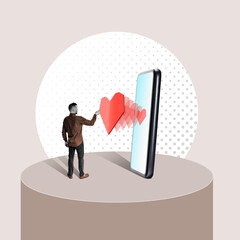 Wall Mural - Art collage with smartphone, man and red heart on smartphone.