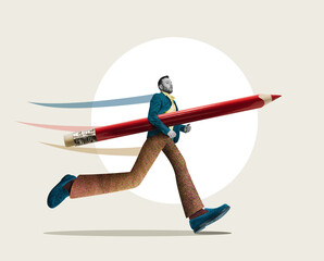 A running man with a large pencil under his arm. Art collage.