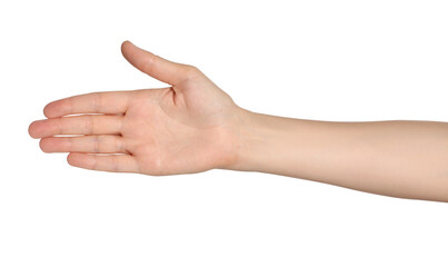 Wall Mural - woman holding out hand on white background, closeup