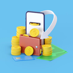 Cashback 3d render illustration, reward cartoon icon, wallet with gold cash refund service concept. Money back and save