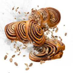 Wall Mural - Delicious grain baking flying in air. Bakery products concept