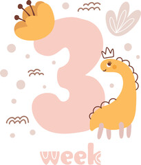 3 three week Baby girl anniversary card newborn metrics. Baby shower print with cute animal dino, flowers and palm capturing all special moments. Baby milestone card for newborn