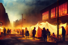Digital Watercolour Art Of Underprivileged American Ghetto Inner City. Silhouettes Of Homeless People Next To Tents At Night In A Housing Segregation Crisis. High Poverty In Crime Ridden Neighbourhood