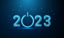 Abstract Happy New Year Greeting Card With Number 2023 And Power Button.