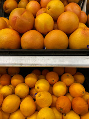 Fresh, vivacious, and delicious crates of oranges and grapefruits and light yellow fruits prepared for sale in the grocery store, in market. autumn fruits