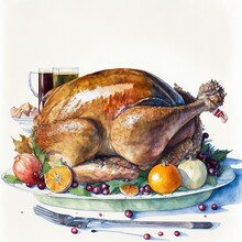 Cooked Thanksgiving Turkey On A Platter, Watercolor Painting