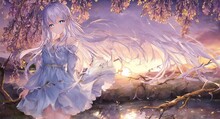 Beautiful Girl With Long Silver Hair Surrounded By Flowers Near A Sea Beach With Beautiful Sky At Sunset