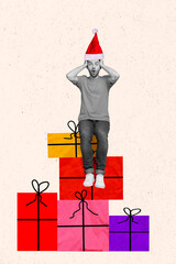 Sticker - Collage photo of young excited surprised man wear red hat sitting pile giftboxes from delivery order xmas tradition isolated on white color background