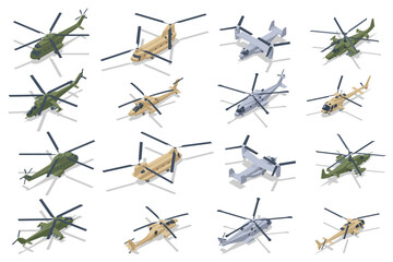 Wall Mural - Isometric set of Military Aviation Air Force. Transport, attack helicopters. Military airplane at flying. Military air transport.