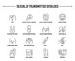 © missbobbit - Sexually Transmitted Diseases symptoms, diagnostic and treatment vector icon set. Line editable medical icons.