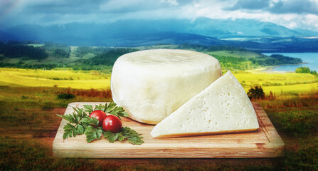 natural Slovak handmade rural cheese on a wooden board with vegetable decoration in the background with a beautiful Slovak landscape.