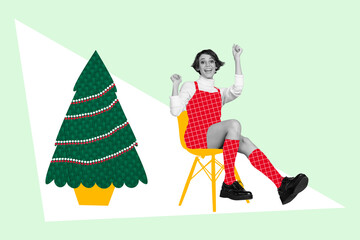 Sticker - Creative collage picture of delighted girl black white gamma sit chair raise fists success luck drawing newyear tree