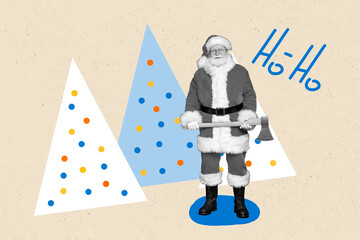 Poster - Creative collage picture of black white effect grandfather santa hold ax ho-ho text isolated on drawing background