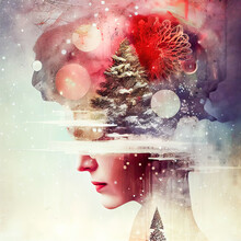 Double Exposure Dopplbelichtung Frau Portrait Landschaft Weihnachtliche Stimmung Festlich AI Digital Art Illustration