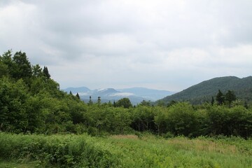 Beautiful green landscape with mountains and a cloudy sky in the background