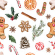 Christmas holiday bakery and sweets seamless pattern. Watercolor gingerbread cookies print with white background.