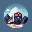 Editable vector illustration of a modern train with mountains and a cloudy sky in the background