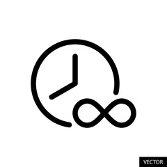 Poster - Infinite time, Unlimited, Clock and infinity symbol vector icon in line style design for website, app, UI, isolated on white background. Editable stroke. Vector illustration.