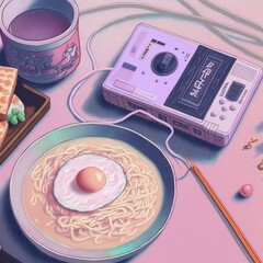 photo of ramen and gameboy console, walkman and casette tape.
