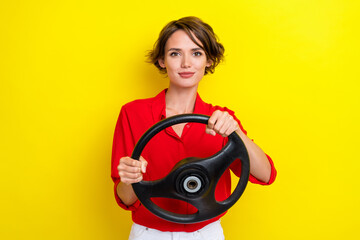 Photo of pretty nice lady arms hold wheel drive garage maintain service isolated on yellow color background