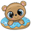 Cartoon Teddy Bear swimming on pool ring donut
