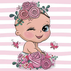 Wall Mural - Cute Cartoon Baby with flowers